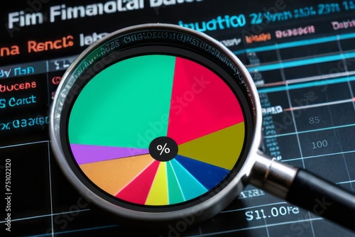 Magnifying glass on screen showing financial report with circular graph with percentages. Business and finance concept, close up