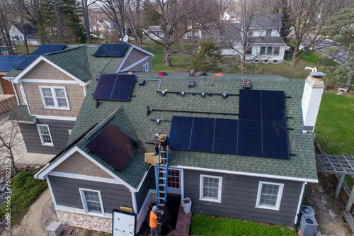 Aerial view of home solar panel installation.