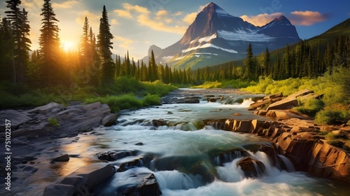 Panoramic view of the mountain river in the Rocky Mountains of Canada