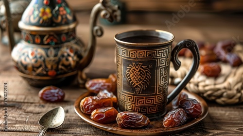 Ramadan kareem with premium dates and arabic coffee mug - generative ai