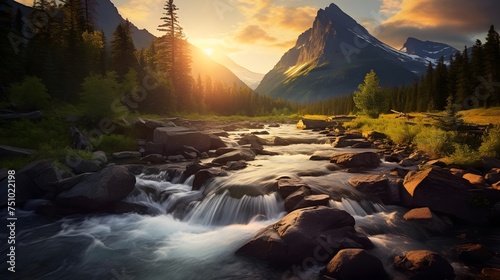Panoramic view of the mountain river at sunset. Beautiful summer landscape.