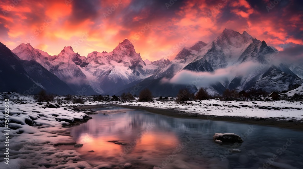 Beautiful panoramic landscape of New Zealand alps at sunset