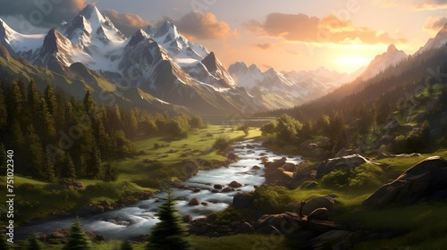 Beautiful panoramic view of the mountains and the river at sunset