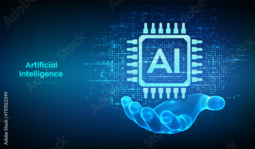 AI. Artificial intelligence. AI icon made with binary code in wireframe hand. Binary data and streaming digital code background. Matrix background with digits 1.0. Vector illustration.