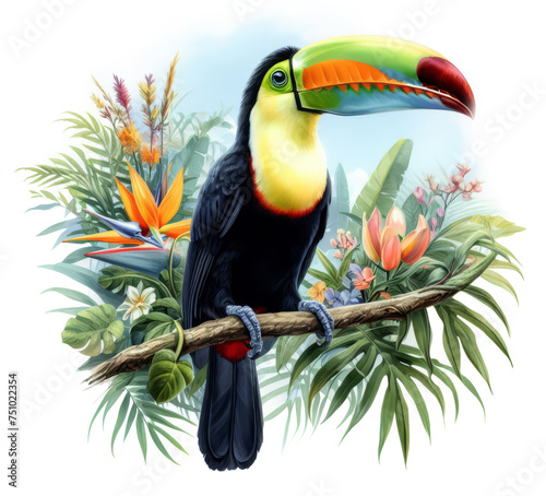 A toucan perched on a branch amidst a dense lush tropical foliage, exotic bird art