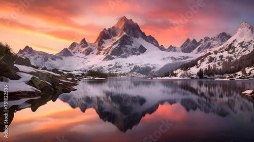 Mountain lake panorama with reflection of Matterhorn peak at sunset, Switzerland