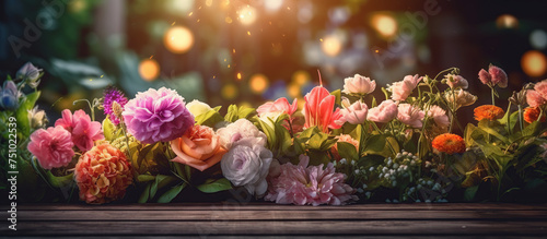 Garden flowers on wooden table background