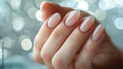 This close-up image features a hand with neatly manicured nails against a soft