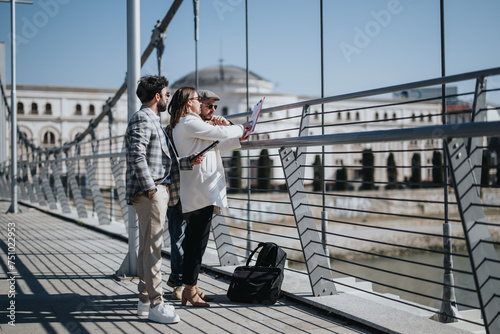 Young professionals engaged in a business meeting outdoors, discussing strategies with a tablet in an urban setting.