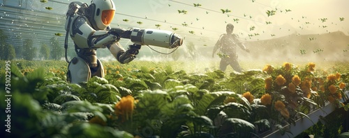 Agriculture futuristic. Pollinate of vegetables with robot automation. Detection spray chemical. Leaf analysis and foliar fertilization. Eliminate pests and provide essential
