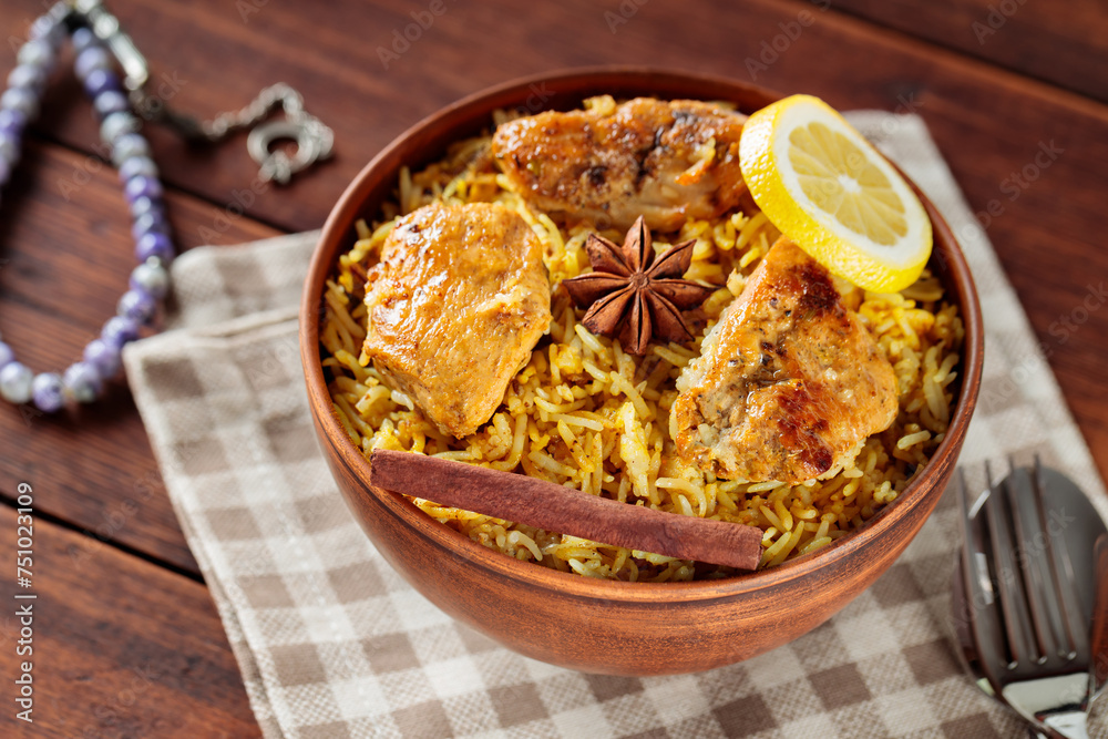 Authentic Chicken Biryani with with Spices in Bowl, Ramadan Food Authentic Chicken Biryani with with Spices in Bowl, Ramadan Food