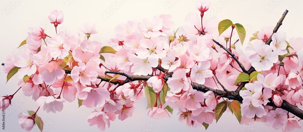 A painting depicting cherry Somei yoshino flowers in stunning pink bloom, delicately perched on a tree branch. The vibrant pink petals contrast against the green leaves, creating a beautiful floral A painting depicting cherry Somei yoshino flowers in stunning pink bloom, delicately perched on a tree branch. The vibrant pink petals contrast against the green leaves, creating a beautiful floral