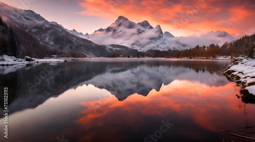 Reflection of the mountains in the lake at sunrise. Panorama