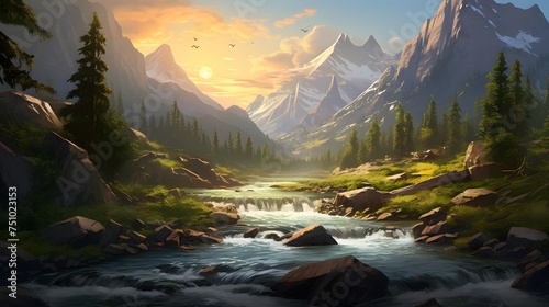 Beautiful mountain landscape with a river and high peaks in the background © Iman