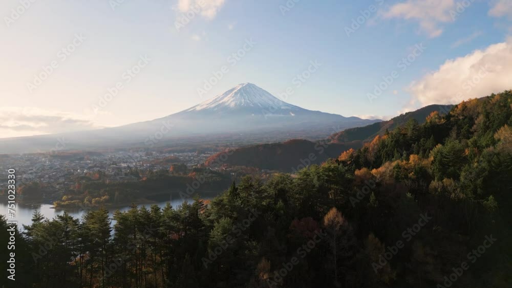 aerial view drone of the forest in the fall with mount fuji and lake kawaguchi in the background
