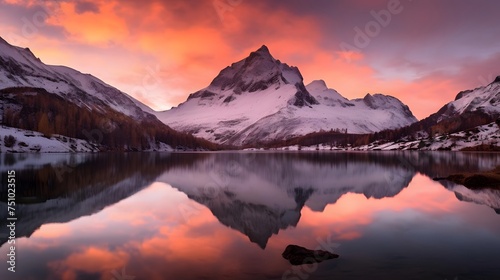 Beautiful panorama of snow capped mountains reflected in lake at sunset © Iman
