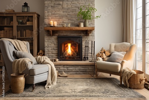 Earth-Toned Farmhouse Living Room with Cushioned Armchair, Fireplace, Textiles, and Rugs