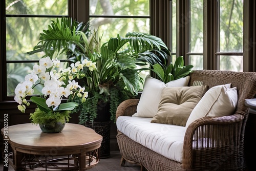Lush Fern and Orchid Displays Adorn Farmhouse Lounge with Rattan Furniture