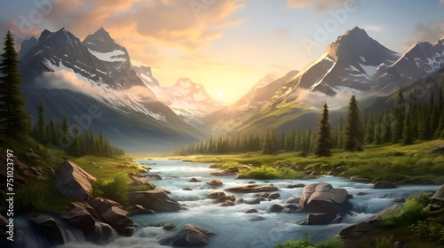 Panoramic view of a mountain river at sunset in summer.