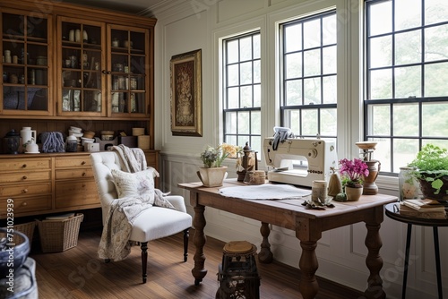 French Country-Inspired Craft Room: Reclaimed Wood Desks, Textile Cushions, and Farmhouse Details © Michael