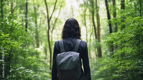 a woman walking through a forest