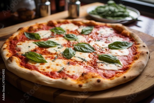 a pizza with basil leaves on a wooden board