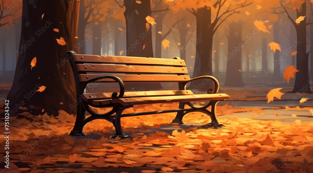 a bench in a park with leaves falling