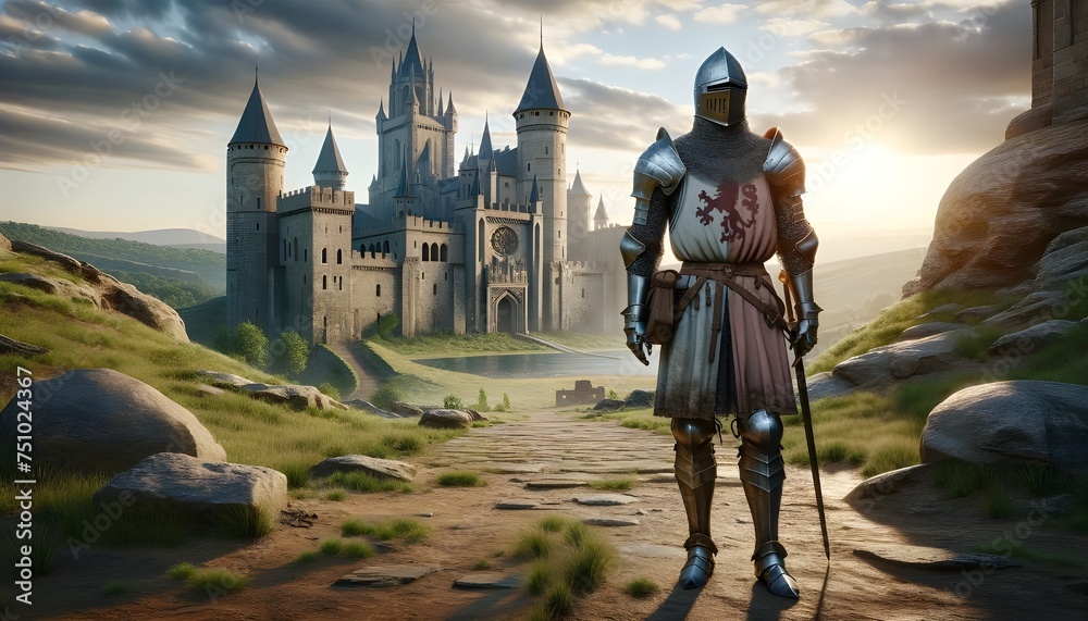 Sentinel at Sunrise: Medieval Knight Overlooking Castle Grounds Sentinel at Sunrise: Medieval Knight Overlooking Castle Grounds