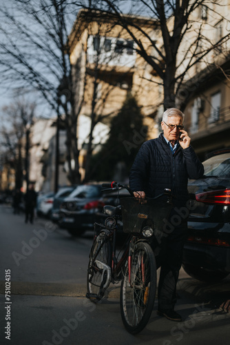 An elderly man talks on a mobile phone, leaning on a bicycle with buildings in soft focus in the background, illustrating urban life and connectivity.