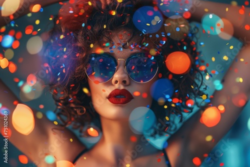 Stylish woman with curly hair and sunglasses amidst colorful bokeh lights, capturing a vibrant party atmosphere. Concept of fashion, nightlife, and celebration. 