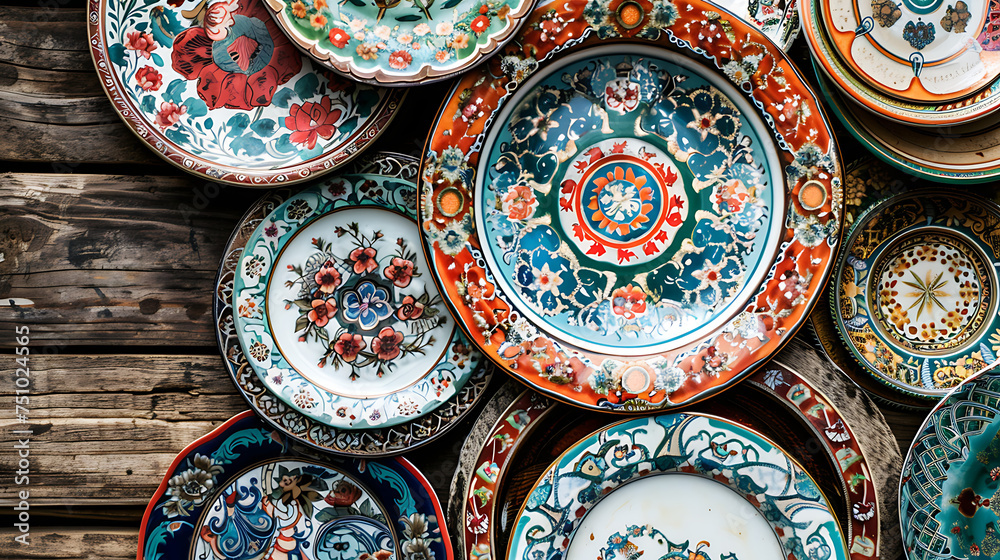 The image showcases a collection of ornate, vintage plates stacked on a wooden surface.