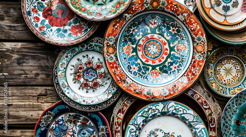 The image showcases a collection of ornate  vintage plates stacked on a wooden surface.