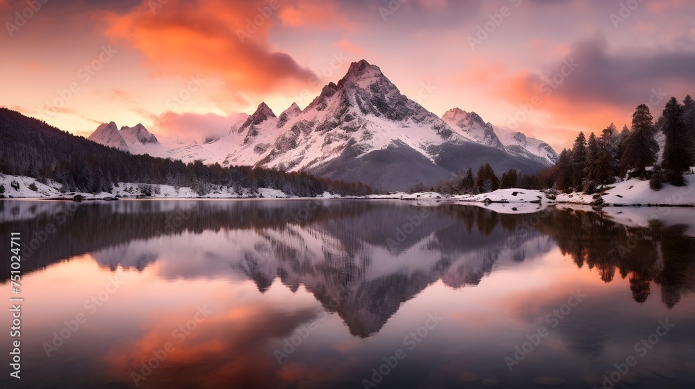 Panoramic view of snow capped mountains reflected in a lake at sunset