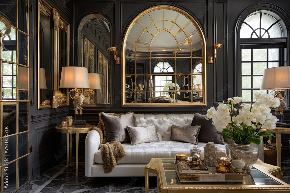 Golden Elegance: Glam Interior featuring Historic Architectural Gems and Hollywood Mirror Accents