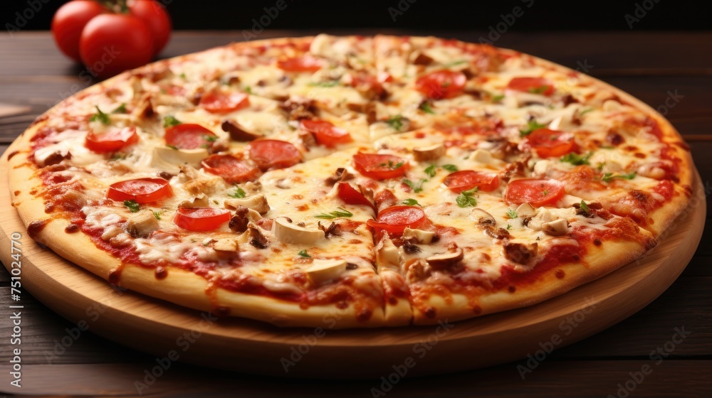a pizza with tomatoes and mushrooms on a wooden plate