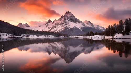 Panoramic view of snow capped mountains reflected in a lake at sunset