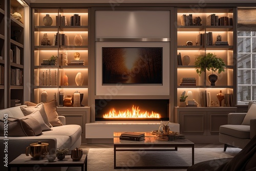 Smart Furniture Harmony: Syncing Gadgets in Glam Living Room with Terracotta Lamp and Fireplace Controls