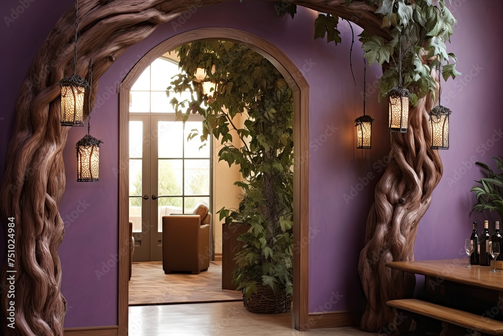 Vine and Grape Delight: Airy Foyer with Vine-Wrapped Columns, Grape Cluster Pendant Light, and Wooden Door