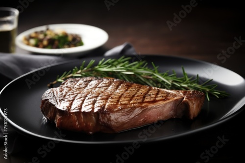 a piece of meat on a black plate with a sprig of rosemary