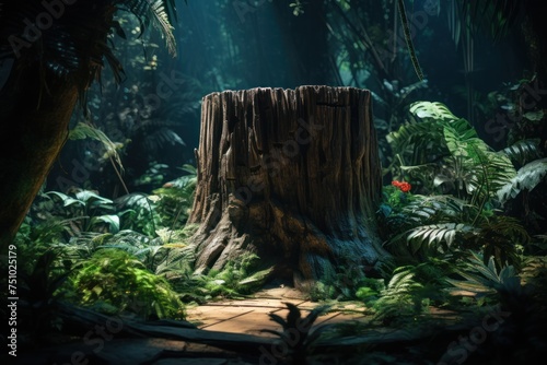 a tree stump in a forest photo