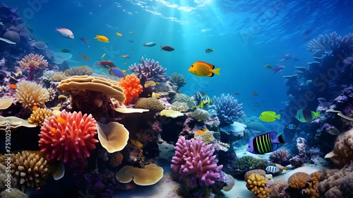 Coral reef and fish. Underwater panoramic landscape.