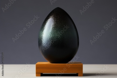 a black egg on a wooden stand