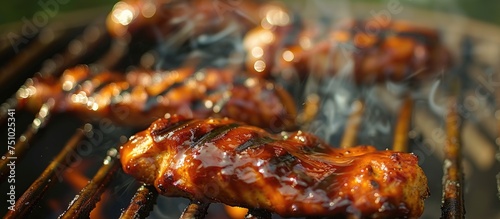 Close-up of various cuts of meat sizzling on a hot grill, char marks forming as they cook to perfection. The flames licking the edges create a mouth-watering aroma.