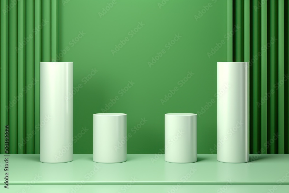 Fototapeta premium a group of white cylinder shapes on a green shelf