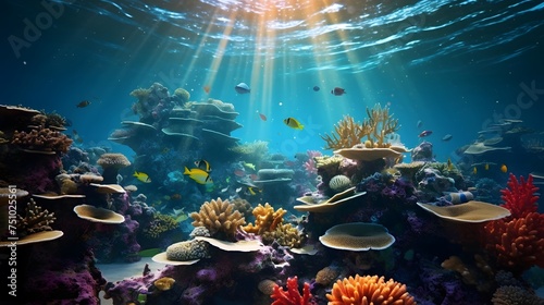 Underwater view of coral reef with fishes and corals. Seascape.