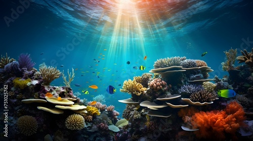 Underwater panorama of coral reef and tropical fish with sunlight.
