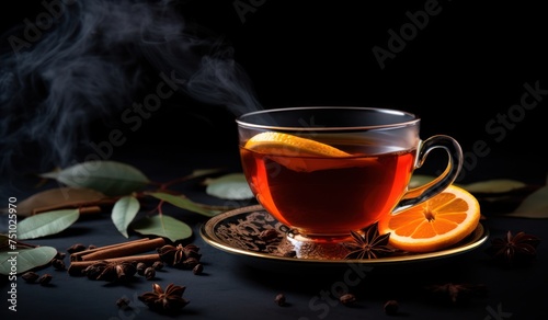 a cup of tea with lemon slices and spices