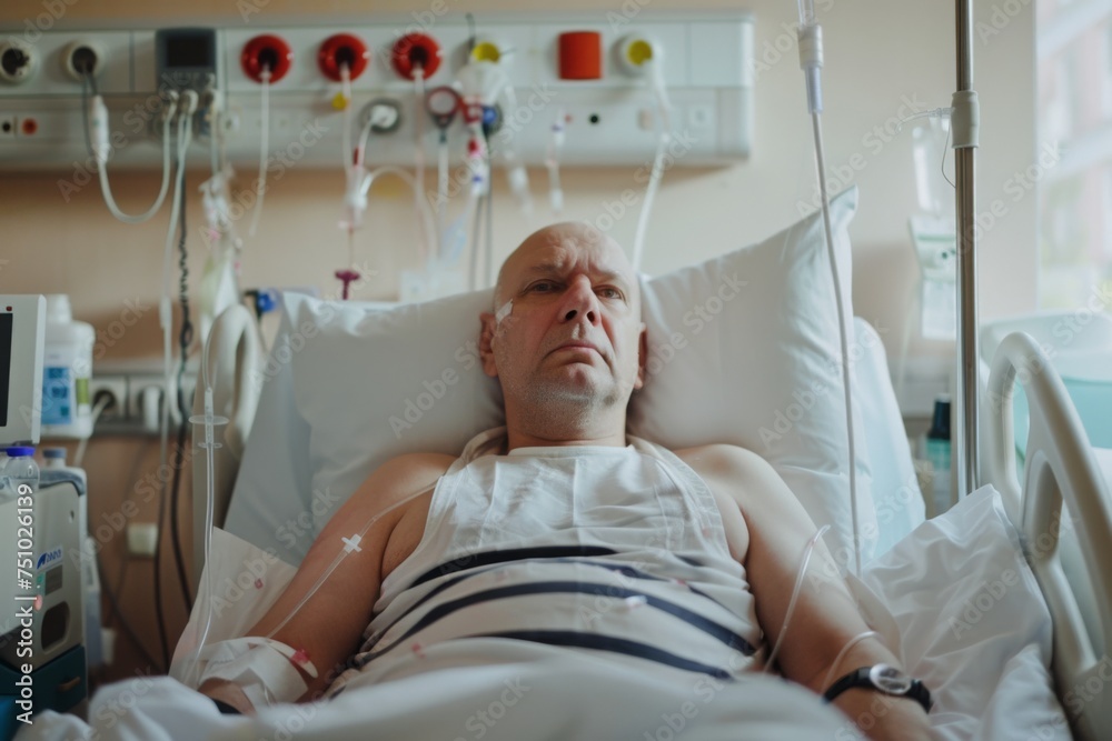 Obraz premium Bald cancer patient lying in hospital bed during chemotherapy treatment. Man fighting oncology disease, suffering from tumor. World Cancer Day, medical treatment and healthcare concept