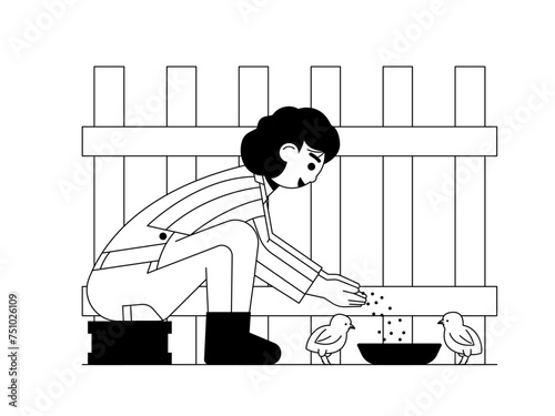 Woman feed his pet chickens. Kids and pet illustration.