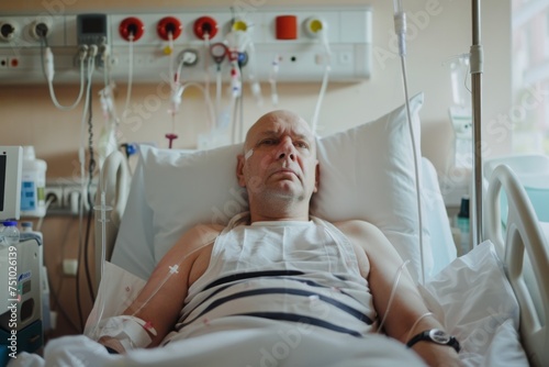Bald cancer patient lying in hospital bed during chemotherapy treatment. Man fighting oncology disease, suffering from tumor. World Cancer Day, medical treatment and healthcare concept